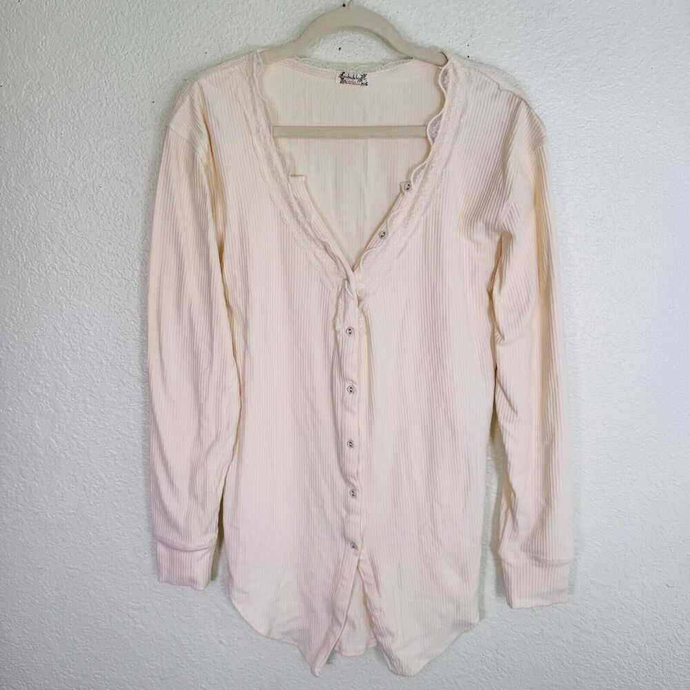 Free People Top Womens Small Ribbed Lace Trim Blouse Button Front Cardigan NEW